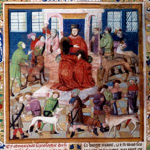 Vorstellung der Hunde an den Grafen von Foix. Miniatur aus „Das Buch der Jagd“ von Gaston III Phoebus, Graf von Foix, Herr von Béarn (1331-1391) von Unknown artist