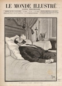 Präsident der Republik Sadi Carnot (1837-1894) auf seinem Sterbebett, ermordet am 24. Juni auf der Ausstellung in Lyon durch Sante Caserio (1873-1894). Gravur in „Le monde illustré“