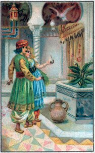 Prinz Ahmed mit der Fee. Geschichte von Prinz Ahmed und der Fee Paris-Banou. Geschichte aus 1001 Nacht. Chromolithographie aus dem späten 19. Jahrhundert.