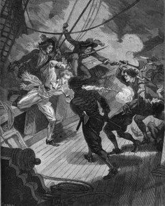 Freibeuter Jean Bart (1650-1702) nähert sich einem Schiff. Gravur des 19. Jahrhunderts. In „Histoire de France“ von Jules Michelet.