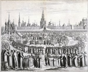 Prozession der Osterblumen vor dem Heiligen Erlösertor und dem Kreml in Moskau. Gravur aus dem 19. Jahrhundert