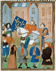 Proklamation des Friedens in Reims am 2. Oktober 1435 nach der Unterzeichnung des Vertrags von Arras zwischen König Karl VII. und dem Herzog von Burgund Philipp III. dem Guten, der den Bürgerkrieg zwischen den Armagnacs und den Burgundern beendete. Miniatu von Unknown artist