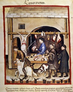 Produktion und Verkauf (Metzger) von Schaffleisch. Ein Schaf wird geschlachtet. Illustration aus dem Buch der Medizin und Diätetik „Tacuinum sanitatis“