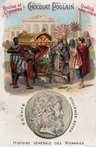 Ptolemaios I. (360-283 v. Chr.) Soter (Retter) ließ Alexander den Großen begraben. In Allgemeine Geschichte der Münzen. Schokoladen-Fohlen-Chromolithographie aus dem späten 19. Jahrhundert. Private Sammlung.