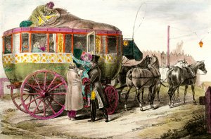 Öffentliche Verkehrsmittel: Passagiere betreten die Parisienne Diligence. Gravur des 19. Jahrhunderts Private Sammlung von Unknown artist