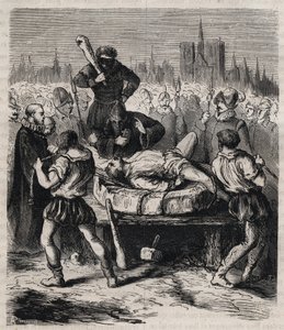 Bestrafung von Francois Ravaillac (1578-1610), Mörder von König Heinrich IV. (1553-1610) auf dem Place de Grève in Paris im Jahr 1610 - Kupferstich von 1879 in „Histoire des sociétés secrètes, politiques et religieuses“ von Pierre Zaccone (1817-1895) von Unknown artist