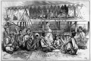 Puppentheater mit Musikern in Burma. Gravur in "The Illustrous World" von Unknown artist