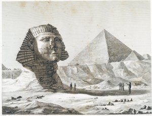 Pyramiden von Gizeh: Blick auf die Sphinx und die Große Pyramide, von Südosten aufgenommen - in „Beschreibung von Ägypten“, Kaiserliche Ausgaben
