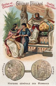 Pyrrhus I. (oder Pyrrhos) König von Epirus von 306 bis 272 v. Chr. In der Allgemeinen Münzgeschichte. Schokoladen-Fohlen-Chromolithographie des späten 19. Jahrhunderts. Private Sammlung von Unknown artist