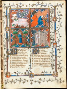 Vier Männer bei verschiedenen Aktivitäten, Seite aus dem Manuskript "Der Roman de la Rose" von Guillaume de Lorris und Jean de Meun