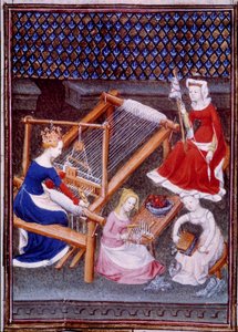 Königin Tanaquil, Frau des römischen Königs Tarquinius Priscus, beim Weben (Miniatur aus 