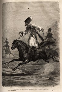 Rennen der Kosaken, balancieren stehend auf ihrem Sattel, Reiter peitschen ihre Pferde, um sie zum Galoppieren zu bringen. Gravur zur Illustration der Reise in die Provinzen des Kaukasus, von Basile Vereschaguine, 1864-1865, veröffentlicht in „Le tour du m