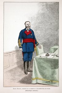 Raoul Rigault (1846-1871), Delegierter der Kommune bei der ehemaligen Polizeipräfektur. Farbradierung zur Illustration „Histoire du corps des gardiens de la paix“, Buch veröffentlicht unter der Schirmherrschaft von Louis Lepine (1846-1933), Polizeipräfekt 