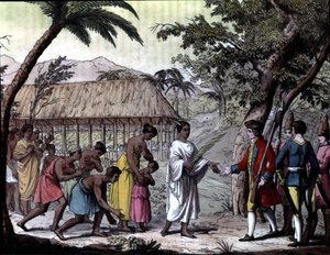 Empfang des Navigators Samuel Wallis durch Königin Oberea in Tahiti. „Navigations of Cook“, Mailand von Unknown artist
