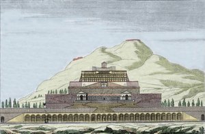 Rekonstruktion des Tempels der Fortuna (römische Göttin des Glücks) in Palestrina, Italien. Gravur aus dem 19. Jahrhundert von Unknown artist