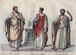 Religion im antiken Rom - Römischer Priester - Regina sacrorum - Rex Sacrorum (rex sacrificulus) - Gravur aus „Usi e Costumi di Tutti i Popoli dell