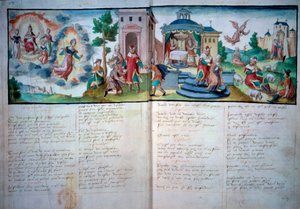 Religiöses Theater: „Passion und Auferstehung“ gespielt in Valenciennes im Jahr 1547. Manuskriptseite mit Aquarell, Paris, B.N. von Unknown artist