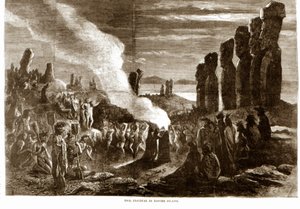 Religiöse Zeremonie auf der Osterinsel (Rapa Nui), Polynesien. Gravur des 19. Jahrhunderts von Unknown artist