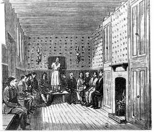 Religiöses Treffen der amerikanischen Shaker. Gravur aus dem 19. Jahrhundert von Unknown artist