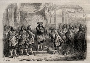 René Duguay Trouin (Duguay-Trouin) (René Trouin du Gué genannt) (1673-1736) erhält das Kreuz von Saint-Louis aus den Händen von König Ludwig XIV. - Gravur in „Dictionnaire populaire illustré“ - 1864 - von Joseph Decembre und Edmond Allonier