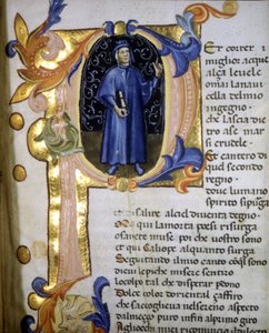 Darstellung des Dichters Dante Alighieri (1265 - 1321) in einer Initiale, Miniatur des 14. Jahrhunderts.