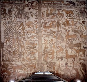Darstellung von Alexander dem Großen (356-323 v. Chr.), König von Makedonien und Eroberer von Persien, umgeben von indischer Fauna während der Eroberung Indiens und der hellenistischen Flut rechts, links der Bau des Turms von Babel von Unknown artist
