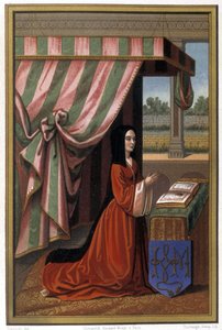 Darstellung von Anne de France, bekannt als Anne de Beaujeu (1461-1522) im Gebet. Sie ist die Tochter von Ludwig XI. und Charlotte von Savoyen. Chromolithographie nach einer Illumination. von Unknown artist