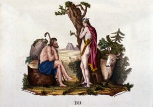 Darstellung von Argus und Io, von Merkur in eine Kuh verwandelt. Platte aus „Wörterbuch der Mythologie“ 1888 von Unknown artist