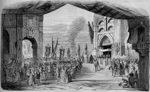 Aufführung von Don Carlo, Oper in 5 Akten von Giuseppe Verdi an der Pariser Oper am 11. März 1867. Der Autodafé, 3. Akt, Dekor von Cambon und Thierry. Gravur von 1867.