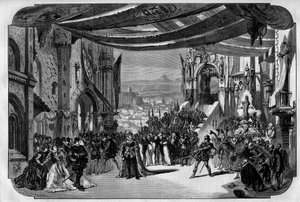 Aufführung von Don Carlo, Oper in 5 Akten von Giuseppe Verdi an der Pariser Oper am 11. März 1867. In Neuvilles Zeichnung der dritte Akt, viertes Bild, Szene IX. von Unknown artist