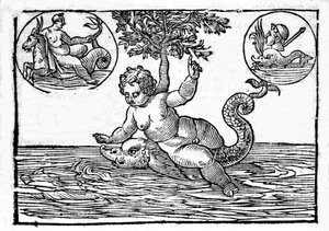 Darstellung von Ino, Gott des Meeres, und seinem Sohn Palemon. Gravur aus „Mythologiae sive explicationes fabularum“ von Natalis Comitis. 1637. von Unknown artist