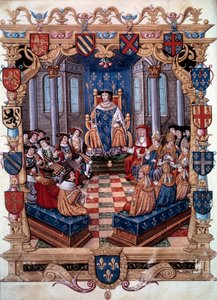 Darstellung von König Franz I. (1494-1547) umgeben von seinen zwölf Peers. Aus einer Miniatur. 16. Jahrhundert