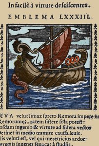 Darstellung eines Remora, der laut den Geschichten von Plinius, Ambrosius und Rabelais die Schiffe angriff, indem er seinen Schwanz mit einem Saugnapf an einem Felsen befestigte und das Schiff mit seinem Mund blockierte. Gravur aus einem Werk des 17. Jahrh von Unknown artist