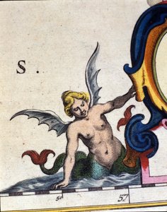 Darstellung einer geflügelten Sirene. Detail aus „Atlas novus“ 1642