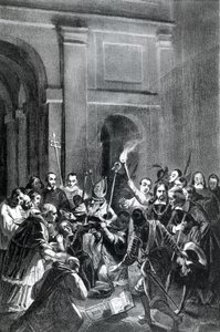 Darstellung einer Exorzismusszene. Illustration aus dem 19. Jahrhundert.