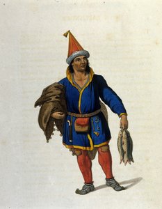 Darstellung eines indigenen Sami (lebend in den Gebieten von Norwegen, Schweden, Russland, Finnland) nach dem Fischfang. Gravur aus dem 19. Jahrhundert von Unknown artist