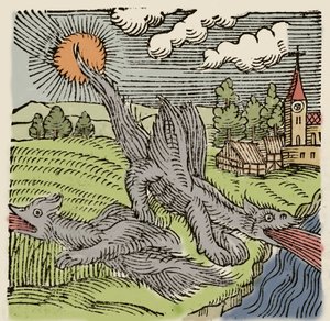 Darstellung von Basilisken im Flug, die Weizenfelder verbrennen. Gravur aus „Prodigiorum ac ostentorum chronicon“ von Conrad Lycosthenes (1518-1561). 1557. von Unknown artist