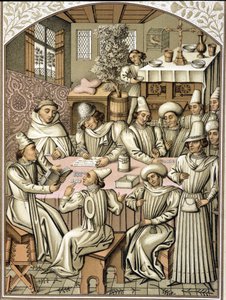 Darstellung von Beamten im 14. Jahrhundert. Chromolithographie aus dem Rechnungsbuch der Bruderschaft „Dio e Nostra Signora“ von Unknown artist