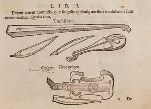 Darstellung von Streichinstrumenten und Bogenschützen. Seite aus Musurgia, praktische Anleitung zur Musik