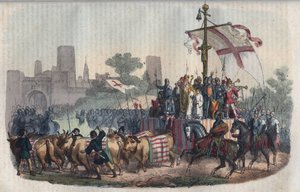 Darstellung des Carroccio, eines großen Wagens mit den Stadtzeichen, um den sich die Milizen der Gemeinden der Poebene versammelten, erfunden vom Erzbischof von Mailand Aribert (Ariberto) im Jahr 1037 während der Belagerung der Stadt durch Kaiser Konrad II von Unknown artist