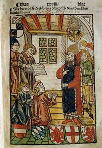 Darstellung des Konzils von Konstanz (1414-1418), einberufen von Kaiser Sigismund I. und Gegenpapst Johannes XXIII. Er beendete das Große Schisma des Westens. Miniatur von 1414. Paris, Polnische Bibliothek