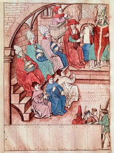 Darstellung des Konzils von Konstanz zwischen 1414 und 1418, oben Papst Martin V. Miniatur aus den Chroniken des Konzils von Konstanz von Ulrich Richental (1360-1437) um 1438
