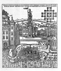Darstellung der Sieben Weltwunder der Antike: das Mausoleum von Halikarnassos, das an der Ägäis in der südwestlichen Türkei lag. Gravur in „De Architectura“ von Vitruv (1. Jahrhundert v. Chr.) - Ausgabe von Gottardo da Ponte, Come