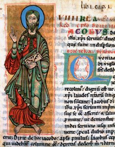 Darstellung des Apostels Jakobus des Älteren. Miniatur aus „Codex Calixtinus“ (Buch des heiligen Jakobus), um 1140. Fol. 4. Archive der Kathedrale von Santiago de Compostela, Spanien von Unknown artist
