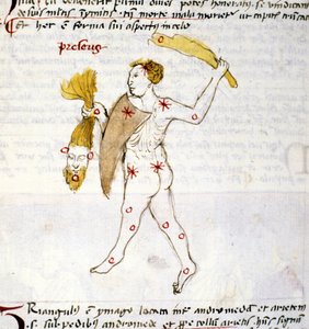 Darstellung des Sternbildes Bouvier (Bootes). Der Jäger Bootes hält die Haare der Berenike in der Hand. Miniatur aus „Astronomica“ von Biasino da Parma (Blaise de Parma) (1425-1457) von Unknown artist