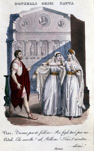Darstellung der Interpreten der ersten Aufführung von „La Norma“ von Vincenzo Bellini (1801 - 1835): von links nach rechts Domenico Donzelli (Pollione), Giuditta Grisi (Adalgisa) und Giuditta Pasta (Norma). 1833