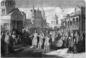 Darstellung der romantischen Oper „Lohengrin“ von Richard Wagner (1813-1883), Akt II letzte Szene, im Königlichen Theater in München, Deutschland. Gravur in „The Illustrious Universe“ von Unknown artist