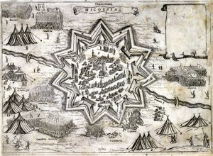 Darstellung der Belagerung von Nikosia auf der Insel Zypern im Jahr 1191 während des 3. Kreuzzugs durch Richard Löwenherz. 16. Jahrhundert. von Unknown artist