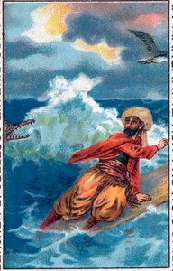 Rettung auf einem Brett. Die wunderbaren Abenteuer von Sindbad dem Seefahrer. Beliebtes Märchen aus 1001 Nacht. Chromolithographie des späten 19. Jahrhunderts. von Unknown artist