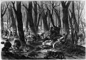 Restaurierungsarbeiten im Tuileriengarten in Paris. Gravur in „L